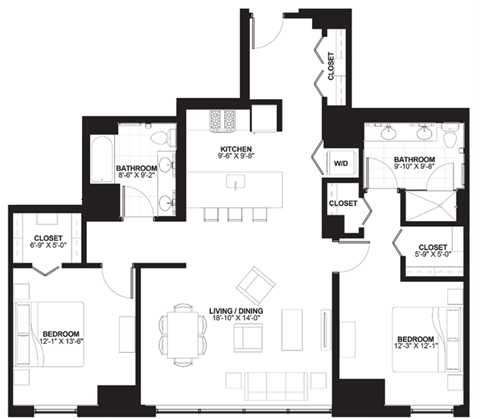 Floor plan for 2 beds, 2 baths, 1405 sqft